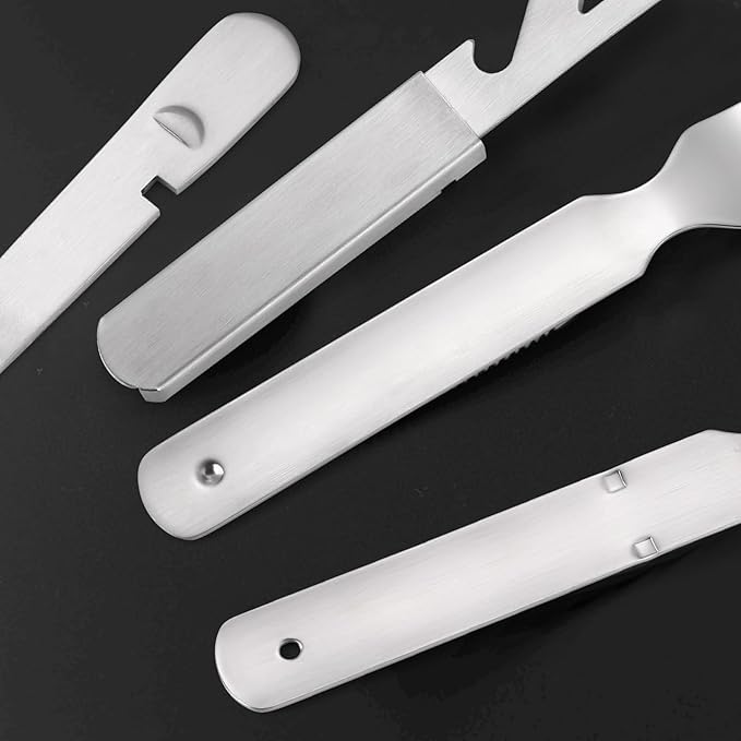 Portable Flatware Silvery Silverware Camping Stainless Steel Cutlery Set Outdoor Travel Knife Fork Spoon Bottle Opener 4 Pieces Foldable Durable Easy to Clean