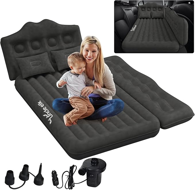 Car Air Mattress Bed: Inflatable Back Seat Air Mattress for Car, Thickened Camping Sleeping Pads with 2 Pillows & Air Pumps, Fits Sedan/Truck/SUV, Black