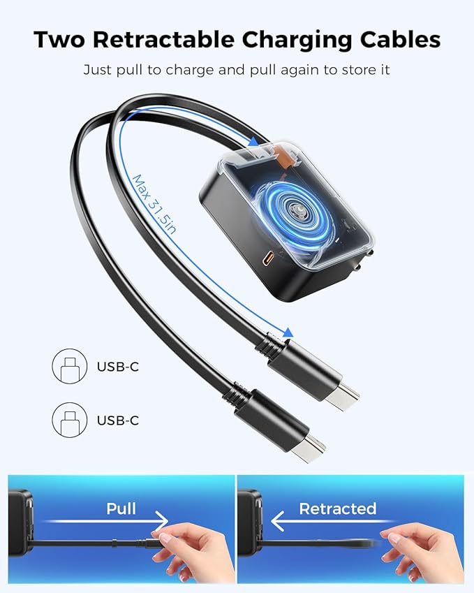SUPERONE 62W Retractable Wall Charger with Dual Cables, 3-Port USB C Charger Block, 35W Phone Chargers Fast Charging for iPhone 17/16/15 Series, Pad, Tablet, LG, Samsung and More