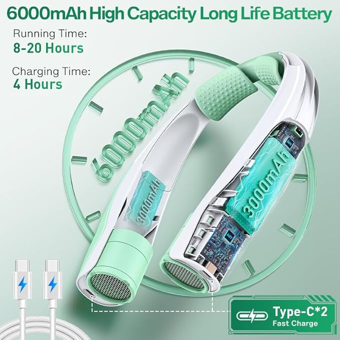 Hands-Free Portable Neck Fans - 6000mAh High Capacity Battery, USB Dual Port Fast Charging, Ultra-Quiet 6 Speeds Cooling Air, 360° Airflow for Outdoor, Indoor, Office, Travel - Green