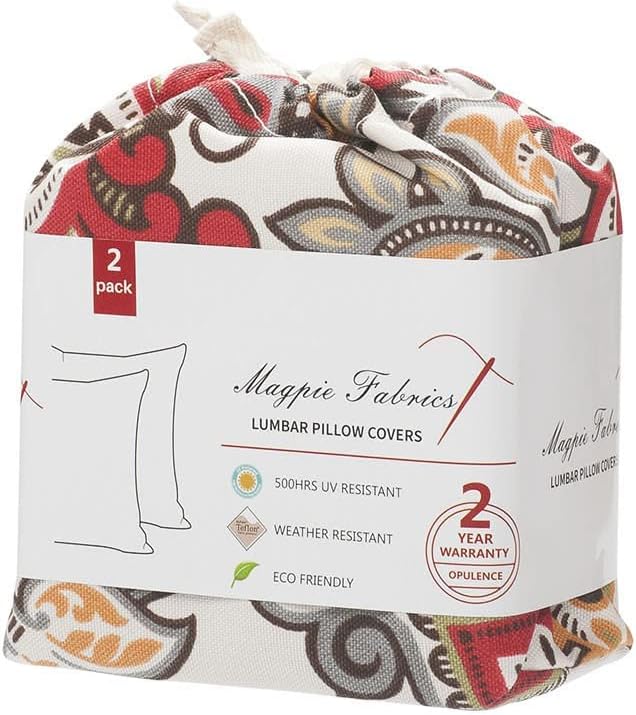 Magpie Fabrics Pack of 2 Outdoor Lumbar Pillow Case Covers 12"x20", Waterproof Rectangular Throw Pillowcase Shell Decorative Sham for Patio Garden Couch - Floral Red Orange