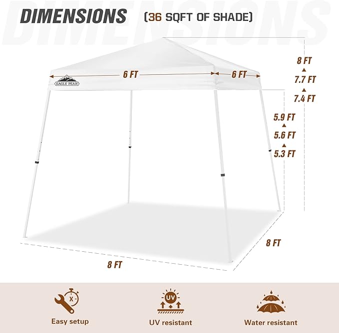 EAGLE PEAK 8x8 Slant Leg Pop-up Canopy Tent Easy One Person Setup Instant Outdoor Beach Canopy Folding Portable Sports Shelter 8x8 Base 6x6 Top (White)