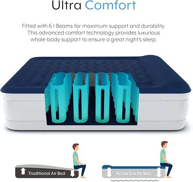 Active Era Luxury Queen, High Air Mattress with Built in Pump and Raised Pillow - Elevated Double, with Structured I-Beam Technology, Height 22" Tall Air Bed Queen Size