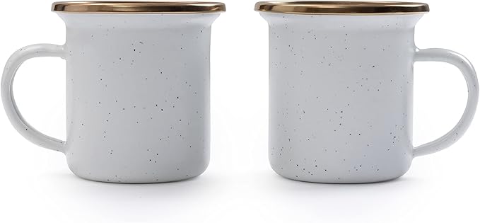 Barebones 5-Ounce Enamel Espresso Cup Set of 2 - Small Coffee Mug and Tea Cup - Stainless Steel Rim Camping Mug for Indoor and Outdoor Use (Eggshell)