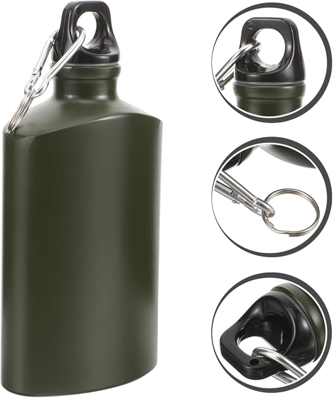 Portable Aluminum Water Canteen with Hook Aluminum Flat Military Canteen Water Bottle for Outdoor Travel Hiking Sport Recreation Supply