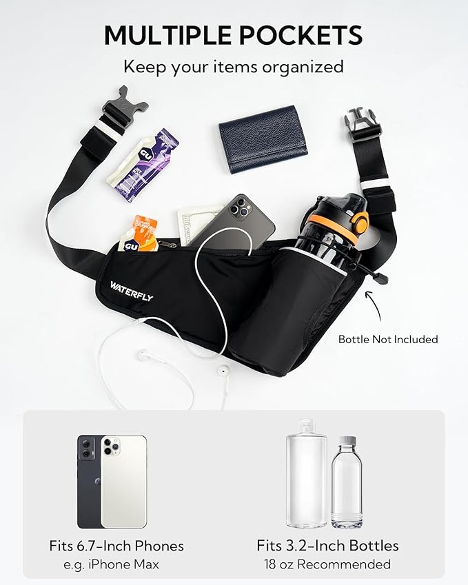 WATERFLY Running Water Bottle Belt: Hydration Fanny Pack Waist Bag for Women Men with Bottle Holder Hip Pack for Runners Walking Hiking Jogging (Bottle Not Included)