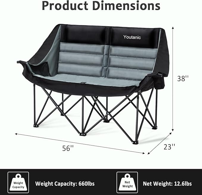 Oversized Camping Chair, Double Folding Loveseat Camping Couch with Pocket, Cup Holder and Carry Bag, Heavy Duty Portable Camping Chairs for Adults, Fishing, Sports, Trip, up to 660lbs, Black