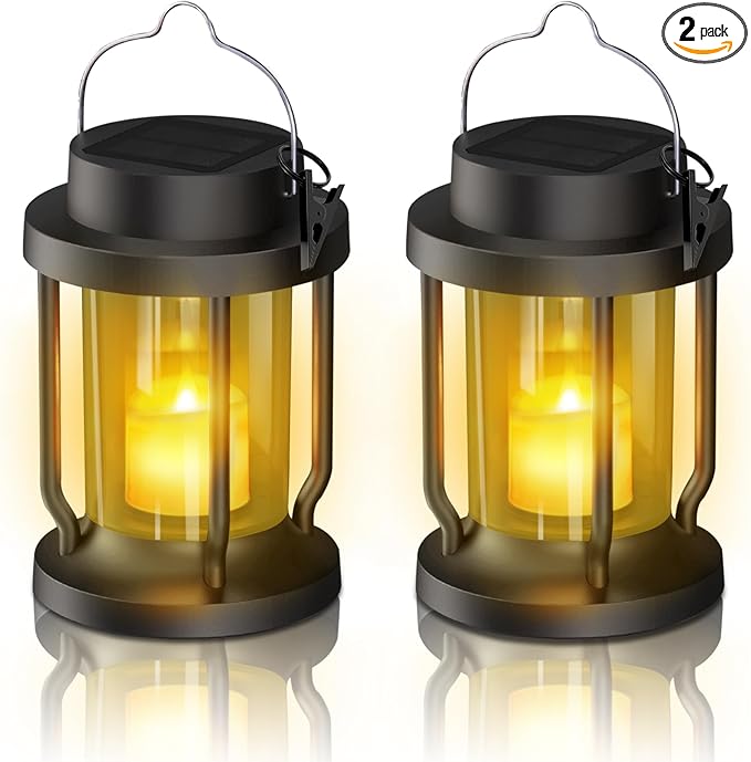 Solar Lantern Outdoor & Indoor Use – Hanging Solar Lights with Realistic Flickering Flameless Candle, Weatherproof for Gardens, Patios, Trees, and Lawns (Black + Amber, 2 Pack)