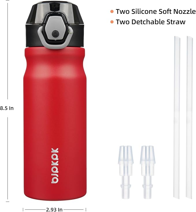 BJPKPK 18oz Insulated Water Bottle With Straw Stainless Steel Double Wall Water Bottles BPA Free Leak Proof Thermo With Lockable Flip Lid And Soft Silicone Spout,Red