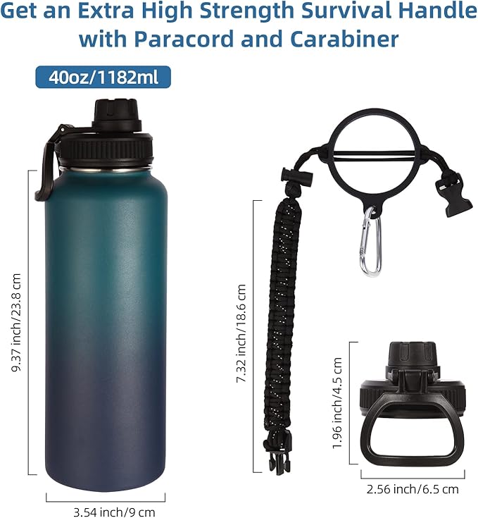 Volhoply 40 oz Insulated Water Bottles Paracord Handle, Stainless Steel Sports Bottle with Spout Lid, Double Walled Metal Travel Water Cups with Wide Mouth, Reusable Water jug (Dark Night,1 Set)