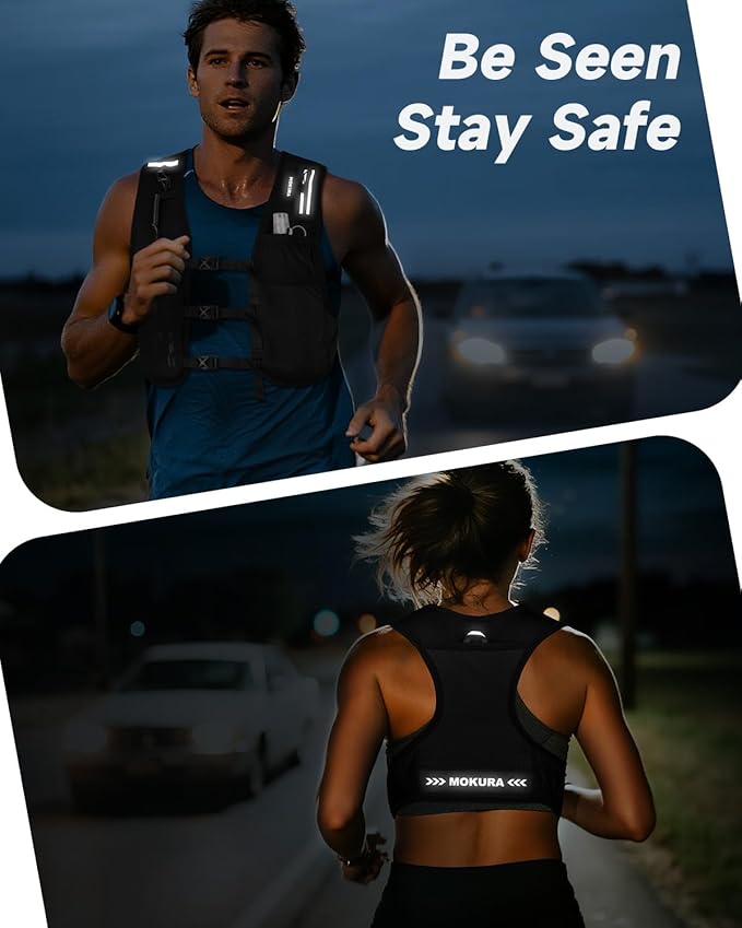 MOKURA Running Vest for Women Men, Adjustable Reflective Running Hydration Vest with 500mL Soft Flask and Phone Holder, Lightweight Water Bottle Vest for Marathon Trail, Hiking, Racing