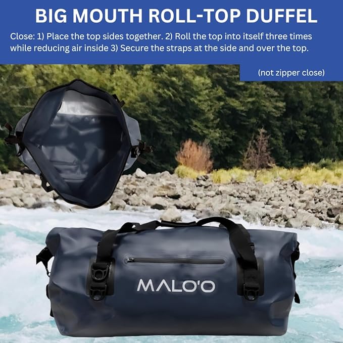 Malo’o Waterproof Dry Duffel, Heavy-Duty Roll Top Waterproof Gear Bag with Shoulder Strap & Molle Loops, Marine Duffel for Kayaking, Boating, Camping, Beach & Travel, Black, 60L