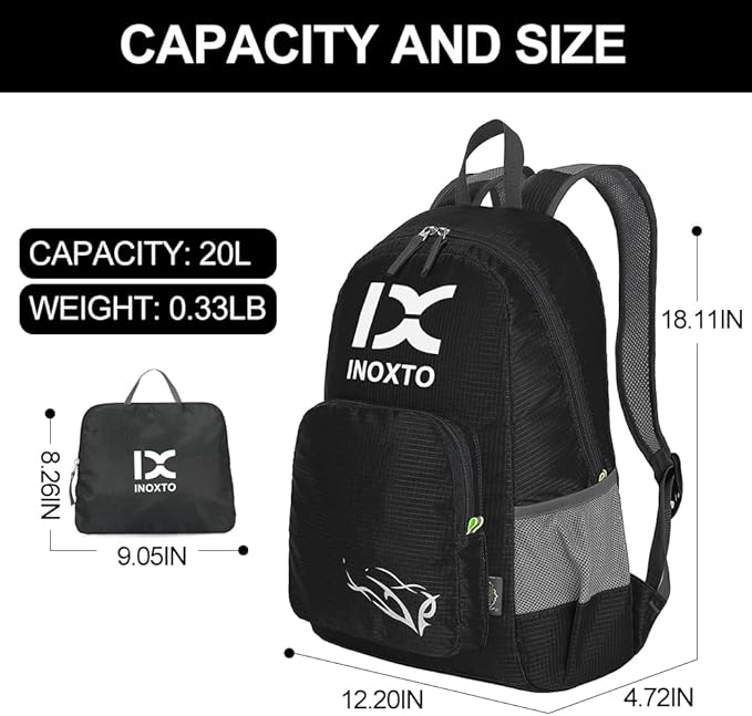INOXTO 20L Lightweight Hiking Backpack Small Foldable Hiking Daypack for Outdoor Hiking Travel Camping (Black)
