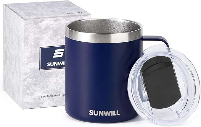 SUNWILL Insulated Coffee Mug with Lid, Travel Tumbler with Handle, 14oz Stainless Steel Cup for Camping, Office, Home, Powder Coated Navy Blue