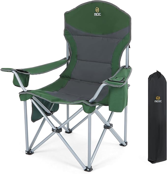 Nice C Camping Chair, Portable Chair, Lawn Chairs, Outdoor Chairs, with Armrest, Cooler Bag, Cup Holder, Side Pocket, for Camping, Traveling, Picnic (Green&Grey 1-Pack)