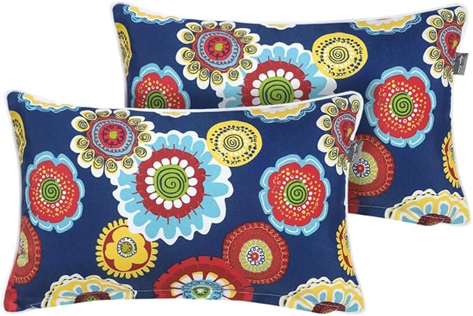 Magpie Fabrics Pack of 2 Outdoor Waterproof Lumbar Rectangular Throw Pillow with Insert 12x20 Inch, Home Decorative Toss Cushion for Patio Garden Car Office (Floral Navy)