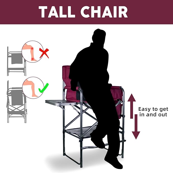 30" Tall Directors Chair with Side Table, 400LBS Bar Height Folding Camping Chair for Makeup Artists, Outdoor Events, Portable Foldable Chair with Cup Holder & footrest - Wine Red/Black
