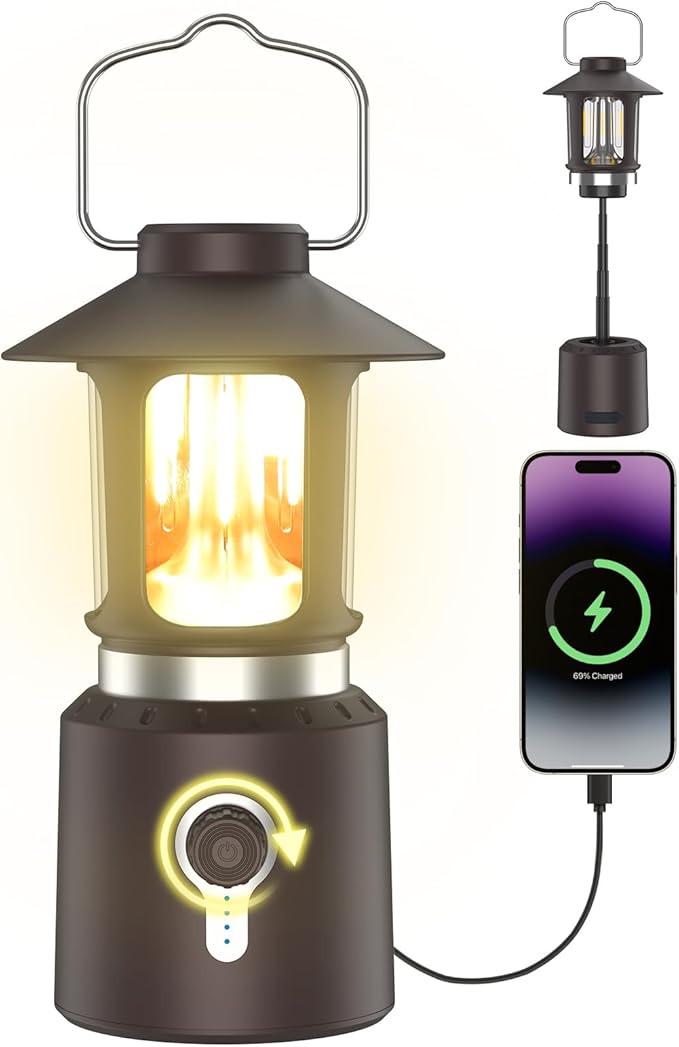 Retro Classic LED Camping Lantern, Rechargeable Stepless Dimming Vintage Lantern, 3 Light Modes (2000K-6500K), 8000mAh Power Bank, Bright Hanging Tent Light for Indoor & Outdoor, Hiking, Camp
