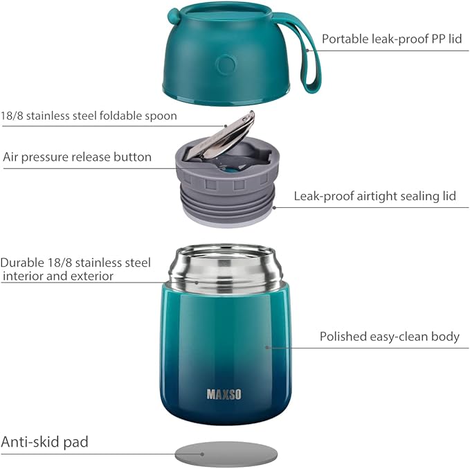 MAXSO Soup Thermo for Hot & Cold Food for Adults Kids, 17 oz Vacuum Insulated Steel Lunch Container Bento Box with Spoon, Leakproof Thermal Food Jar for School Office Travel - Blue Green