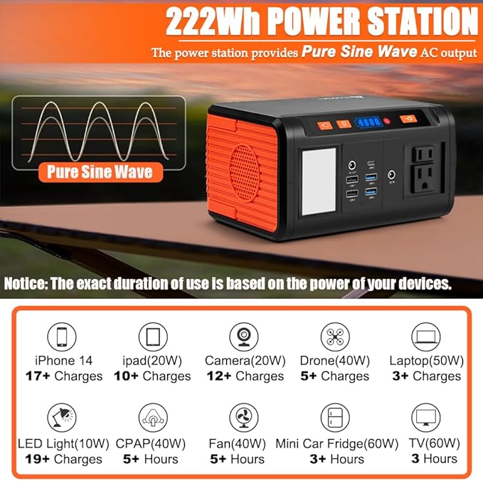 Takki 250W Portable Power Station 222Wh Camping Backup Lithium Battery with Pure Sine Wave AC Outlet 110V Solar Generator for Camping CPAP Home Use Backup Emergency Laptop