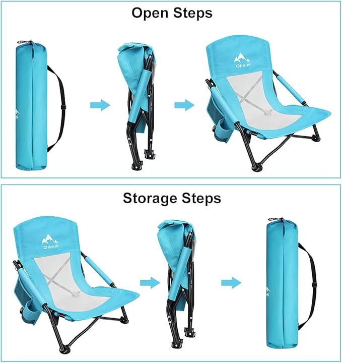 Oileus Low Beach Chair for Beach Tent/Shelter & Camping/Outdoor Ultralight Backpacking Folding Recliner Chairs with Cup Holder/Storage Bag, Carry Bag, Breeze Mesh Back, Compact Duty 1 Pcs Chair