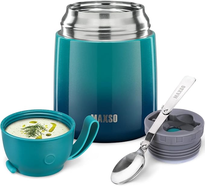MAXSO Soup Thermo for Hot & Cold Food for Adults Kids, 17 oz Vacuum Insulated Steel Lunch Container Bento Box with Spoon, Leakproof Thermal Food Jar for School Office Travel - Blue Green