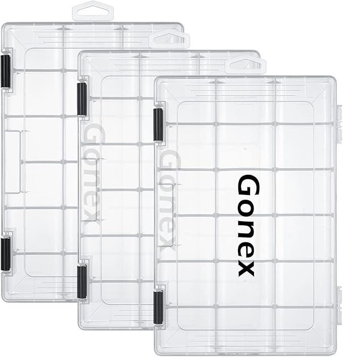 Gonex Fishing Tackle Boxes, 3600 3700 Tackle Trays with Adjustable Dividers, Clear Plastic Tackle Box Organizer Storage for Fishing Lure Bait Hook Jewelry Craft Beads Earring Container, 3 or 4 Packs