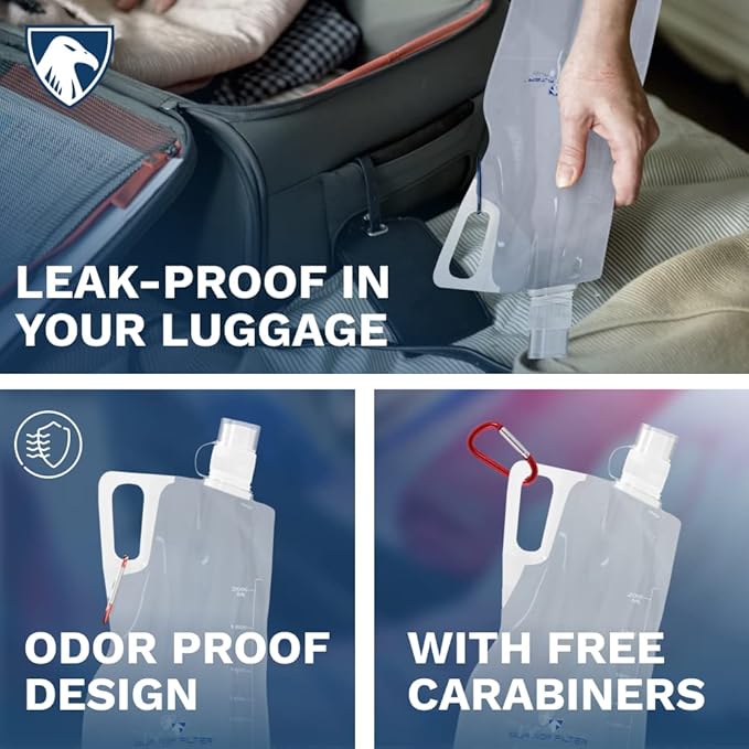 Survivor Filter Collapsible Water Bottles, Canteens (32oz) 2 Pack (2L Total) - Durable Carabiners and Handles. Squeeze Water through a Filter or Use as Water Bottles