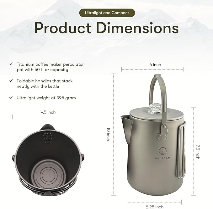 Valtcan Titanium Percolator Coffee Maker Pot 1.5L Filter Brew Ultralight Weight Camping Kettle 50 fl oz 6 Cup Capacity Glass Knob 395g Compact Kettle