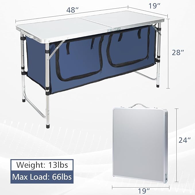 Camping Table, Folding Camping Table with Storage, Portable, Lightweight, 3 Height Adjustable Aluminum Outdoor Table for BBQ, Picnic, Camping, Hiking, Beach, and Indoor, Blue