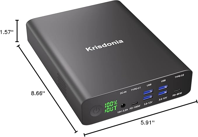 Krisdonia Portable Charger, PD 100W USB C Power Bank 64000mAh Fast Charging External Battery Pack with Dual USB-C PD (100W&65W) & 4 USB-A (QC3.0 18W) for Type-C Laptops, MacBook Pros, XPS, iPad Pro