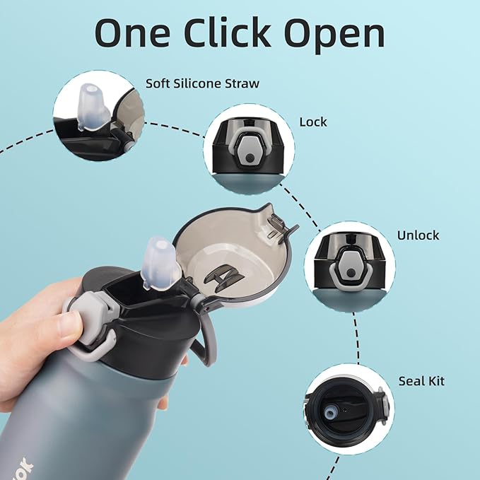 BJPKPK Insulated Water Bottle 14oz Stainless Steel Water Bottles With Straw And Carry Handle Double Wall Metal Thermo,Dark Grey