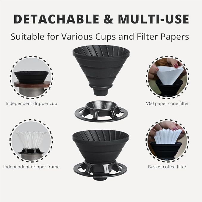 Collapsible Coffee Dripper, Silicone Reusable Coffee Filter Holder, Pour Over Coffee Dripper for Camping, Business Trip, Single Pour Over Coffee Maker (Black)