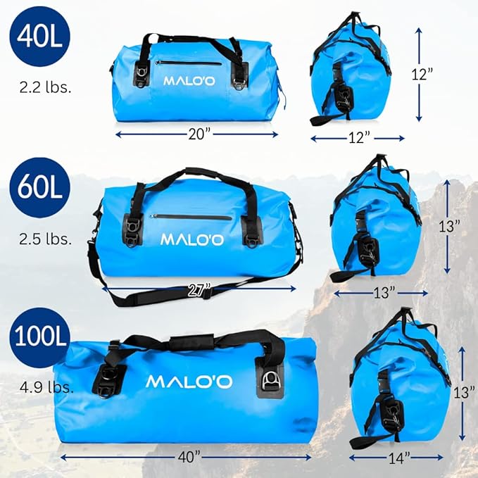 Malo’o Waterproof Dry Duffel, Heavy-Duty Roll Top Waterproof Gear Bag with Shoulder Strap & Molle Loops, Marine Duffel for Kayaking, Boating, Camping, Beach & Travel, Blue, 60L