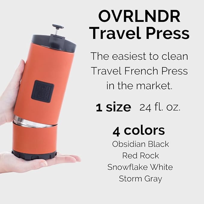 OVRLNDR Travel Coffee French Press, 24 fl.oz Capacity, Double Wall Vacuum Insulated, Easy To Clean Removable Bottom, No Spill Lid, On The Go Coffee Brewing (Obsidian)