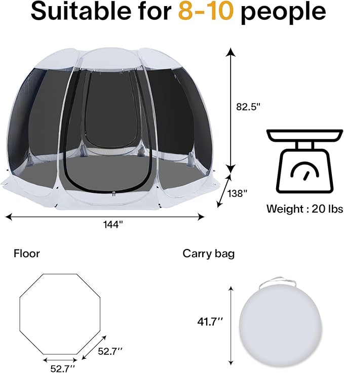 Alvantor Screen House Gazebo, 6-10-15 Person Pop Up Igloo Screened Canopy Tent with Mosquito Netting Sides, Instant UV Resistant Sun Shelter for Garden, Patio, Backyard