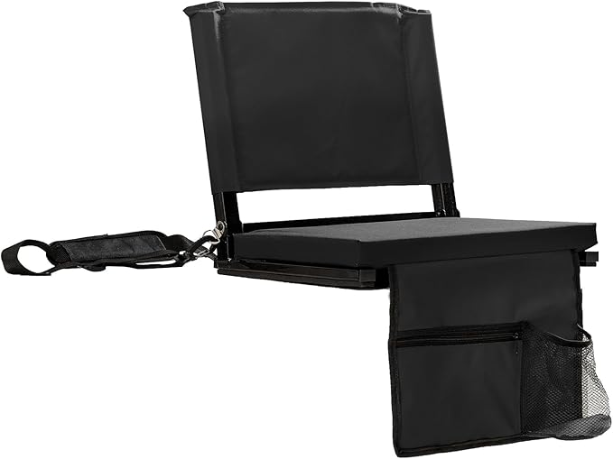 Stadium Seats with Back Support for Bleachers, Folding Bleacher Chairs with Back and Cushion, Padded Seat with Shoulder Strap, Large Mesh Pocket & Carry Handle, Black