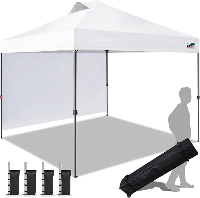 Eurmax USA NOMATTER ONE-Person Open&Close 10x10ft Pop Up Canopy Tent,Portable Shelter Canopy for Outdoor Events with 1 Removable Sidewall,Instant Canopies,Temporary Sunshade,Bonus 4 Sand Bags(White)
