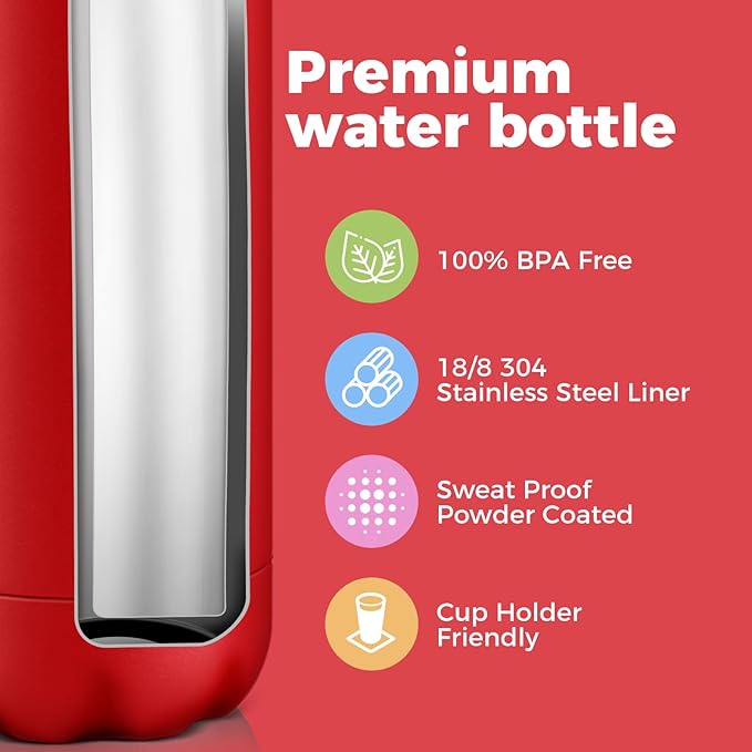 Volhoply 25oz Insulated Water Bottle 1/2/4 Pack, Double Wall Stainless Steel Vacuum Bottles, Keeps Cold & Hot, BPA Free Leak Proof Bottles (Red,1 Pack)