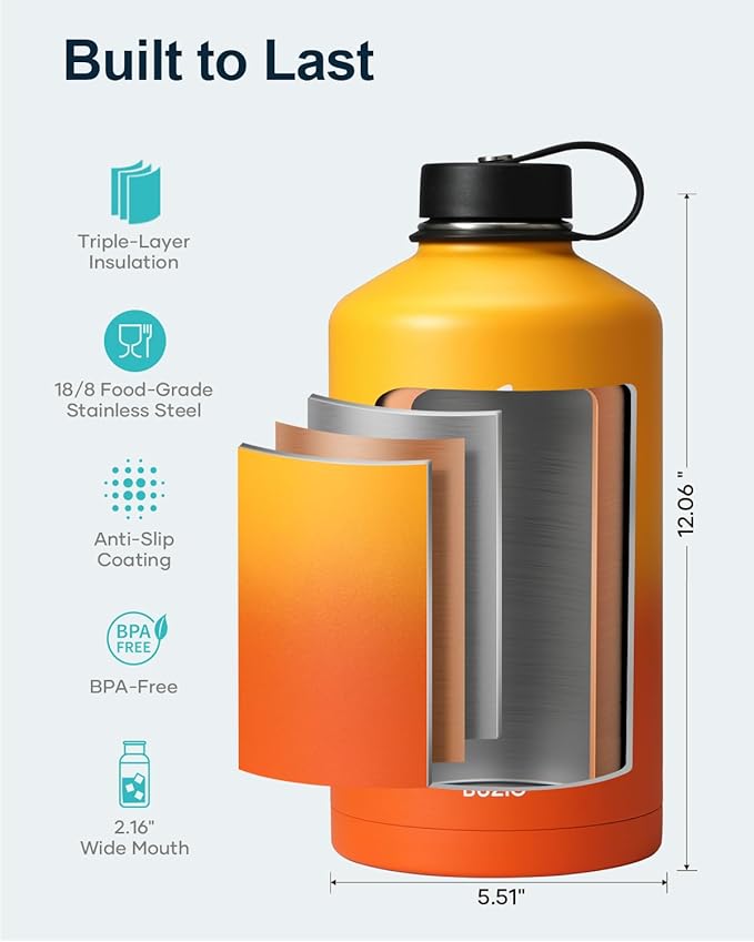 BUZIO 128oz Gallon Water Bottle, Insulated Water Jug with Straw Lid and Carrying Sleeve (Cold for 48 Hrs) Stainless Steel Hydro Metal Canteen Water Flask, Yellow Orange