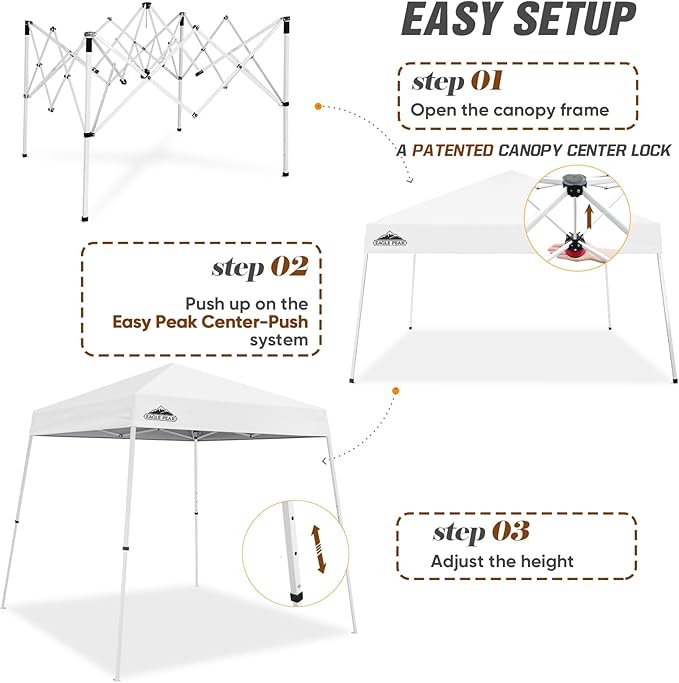 EAGLE PEAK 8x8 Slant Leg Pop-up Canopy Tent Easy One Person Setup Instant Outdoor Beach Canopy Folding Portable Sports Shelter 8x8 Base 6x6 Top (White)