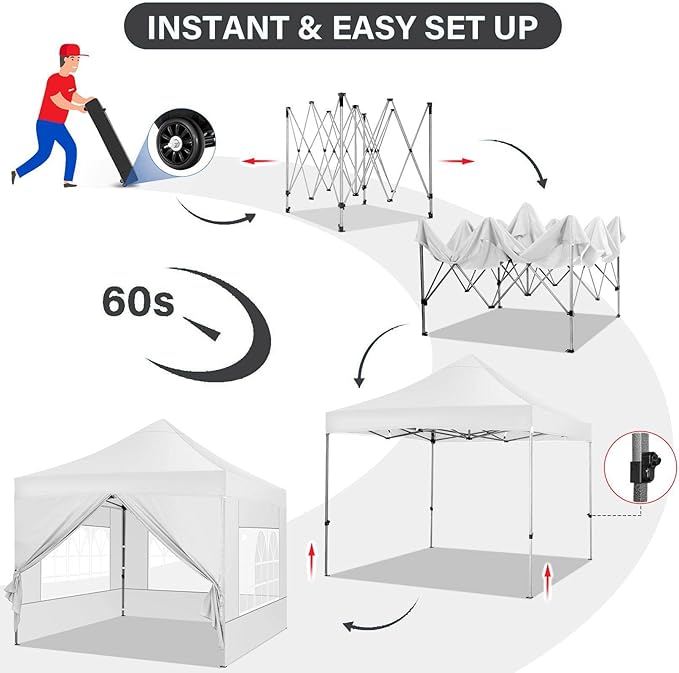 COBIZI 10x10 Pop Up Canopy with 4 Sidewall,Heavy Duty Canopy UPF 50+ All Season Wind Waterproof Commercial Outdoor Wedding Party Tents for Parties Canopy Gazebo with Roller Bag (10 x 10 ft White)