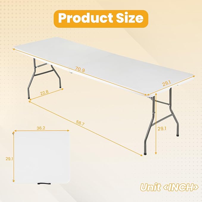 FDW 6FT Folding Picnic Table for Outdoor, Portable Fold-in-Half Plastic Dining Picnic Party Table with Carrying Handle