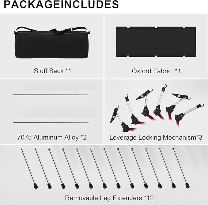 Camping Cot with Leg Extenders,Lightweight Portable Bed for Camping, Hiking, Travel, Beach, Home, Office Nap, Supports 330lbs, Easy Storage, Durable Design, Black