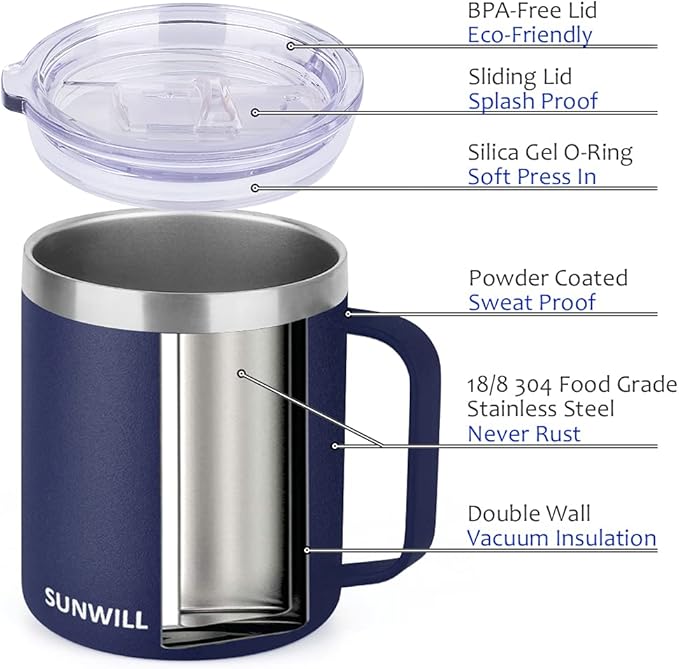 SUNWILL Travel Coffee Mugs Set of 4, Insulated Tumbler with Lid, 14oz Stainless Steel Cup with Handle Bulk for Gift, Camping, Office, Powder Coated Navy Blue