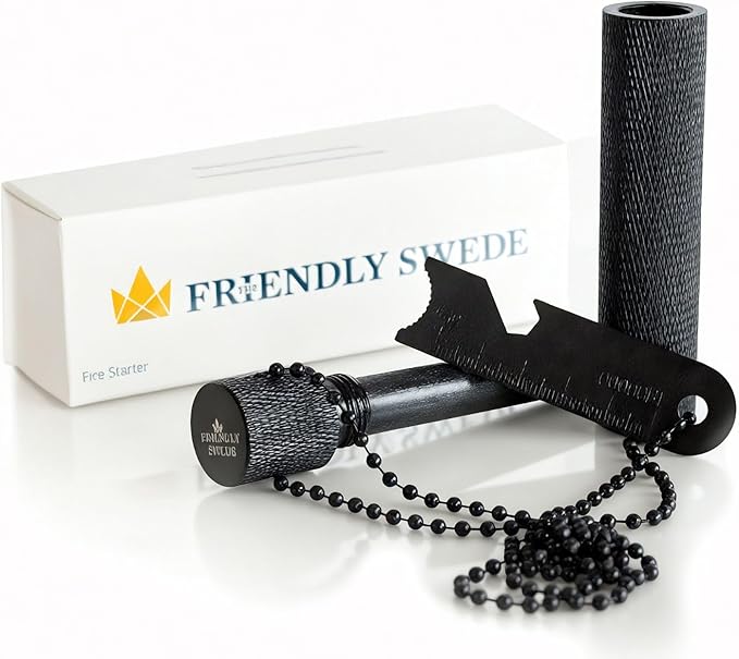 The Friendly Swede XL Ferro Rod Fire Starter Tool — Flint and Steel Fire Starter Survival Tool w/Large Ferro Rod; Weatherproof Firestarter for Camping & Hiking; Flint and Steel Kit w/Cylinder Case