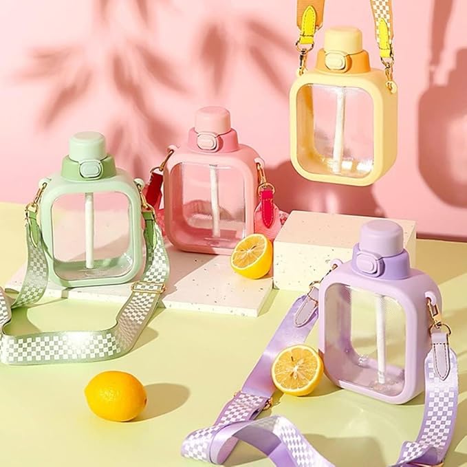 Kawaii Water Bottles with Strap and Straw 24 Oz Square Water Bottle Cute Flat Travel Canteen Leak-proof Water Bottles for Girls Sports School (Purple, L)