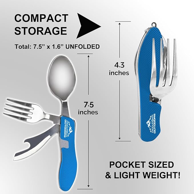 2Pcs Camping Flatware Foldable Utensils Detachable Portable and Versatile Stainless Steel Knife Fork Spoon and Bottle Opener Compact Outdoors Cutlery Pocket Knife Style - 2/pk (Blue)