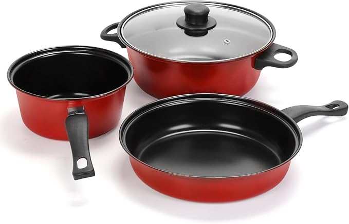 Non-Stick Cookware Set, Portable Lightweight Cast Iron Pots and Pans with Glass Lids and Nylon 4 Piece Set Utensils for Outdoor Camping Picnic Travel