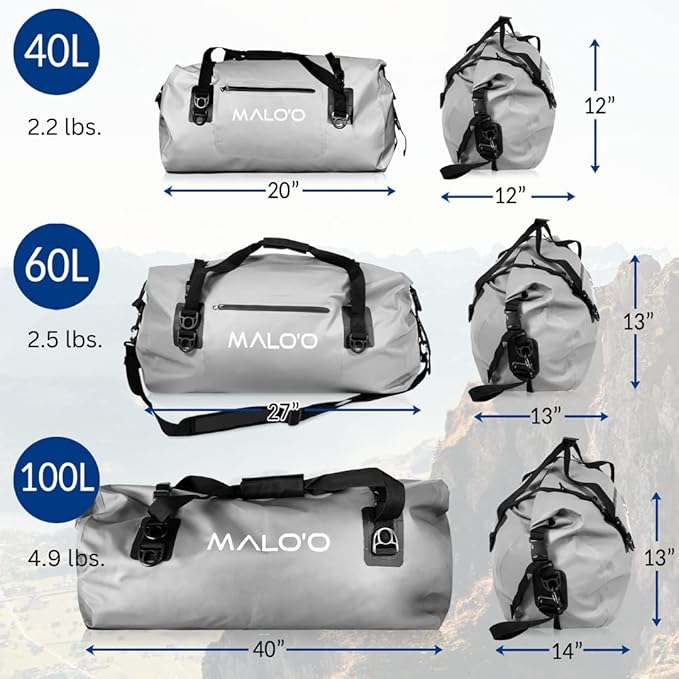 Malo’o Waterproof Dry Duffel, Heavy-Duty Roll Top Waterproof Gear Bag with Shoulder Strap & Molle Loops, Marine Duffel for Kayaking, Boating, Camping, Beach & Travel, Grey, 60L